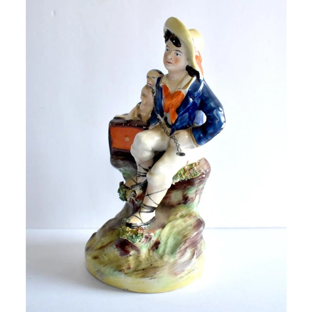 Ceramic Antique Mid-19th-Century Staffordshire Figurine of a Boy, Monkey, and Organ Grinder For Sale - Image 7 of 13
