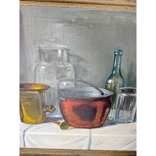 Vintage still life oil painting by Hungarian artist Romek Arpad (1883–1960), featuring a collection of kitchen items,...