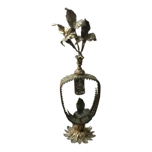 1920s Hollywood Regency Ormolu Leaf and Beveled Glass Iris Perfume Bottle