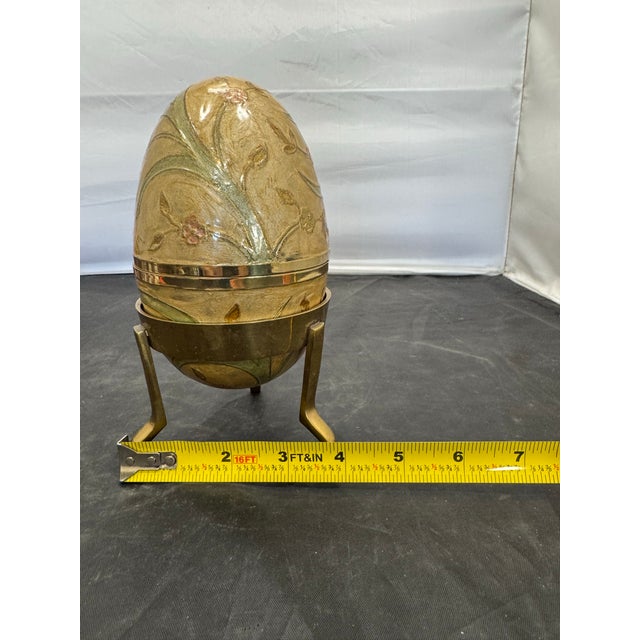 Cream VTG Cream Pink Green Cloisonne Enamel Brass Egg on Stand Lift Off Trinket Box 6" For Sale - Image 8 of 11