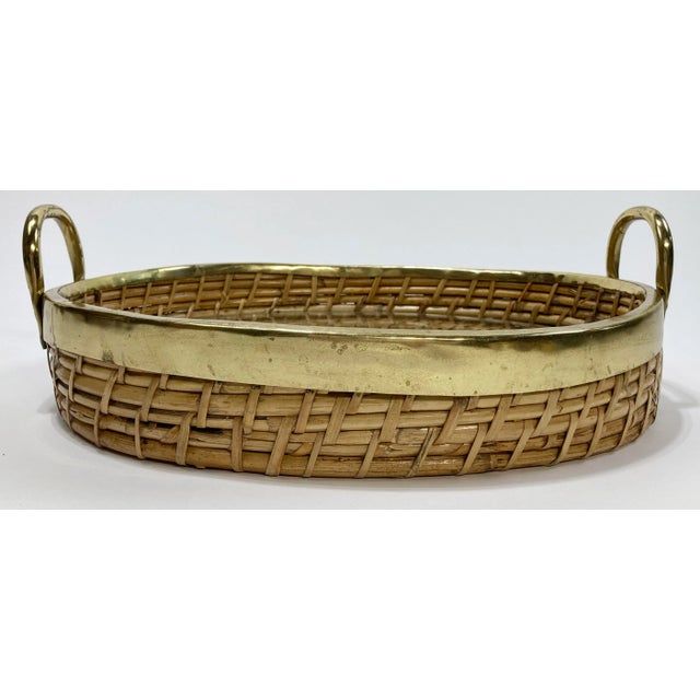 Vintage Gabriella Crespi Style Brass Rim Coiled Rattan Tray For Sale In Kansas City - Image 6 of 7