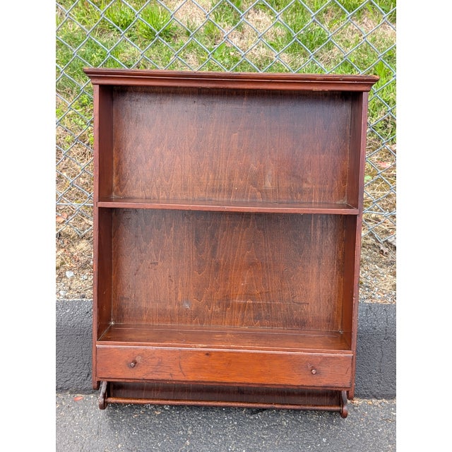 Wood 1960 Mid-Century Modern Cherry Wood 2-Tier Wall Shelf With Drawer For Sale - Image 7 of 13