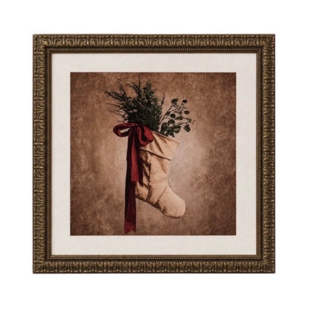 Striking pair of oversized vintage-style Christmas canvas prints, beautifully presented in substantial, heavily carved...