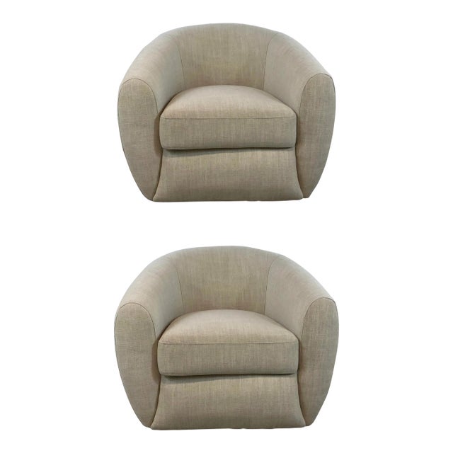 Modern Light Beige Linen Barrel Back Swivel Chairs Pair For Sale