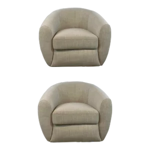 Modern Light Beige Linen Barrel Back Swivel Chairs Pair