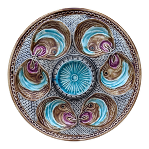 19th Century Majolica Fish Heads Oyster Plate Onnaing