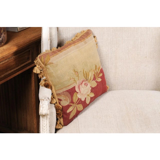Cream French 19th Century Aubusson Tapestry Pillow with Rose, Foliage and Tassels For Sale - Image 8 of 13