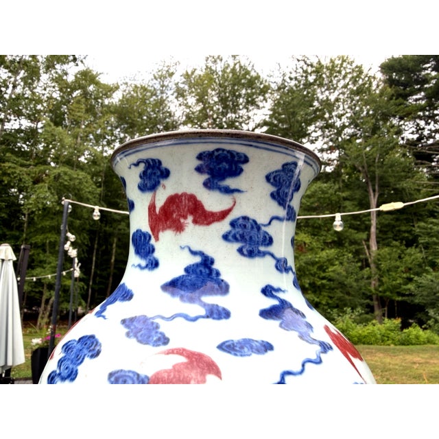 Important Antique Chinese Underglaze Blue & Red Porcelain Vase With Bats - Qianlong Style For Sale In Dallas - Image 6 of 15