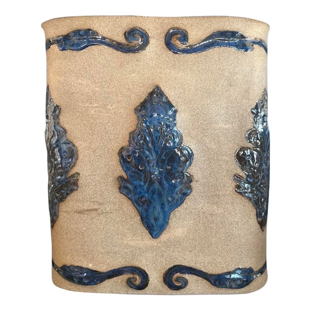 Handmade Tan and Blue Pottery Vase For Sale