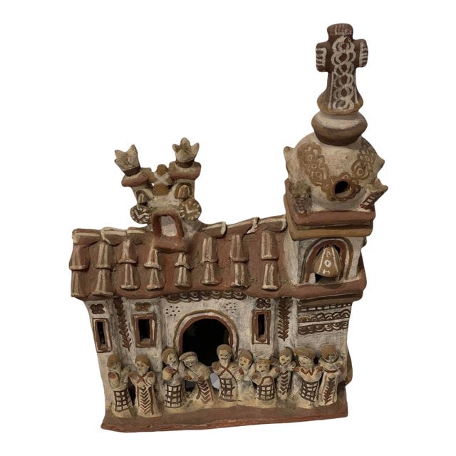 Vintage 1940s Mexican Clay Church Steeple Village With People Sculpture For Sale