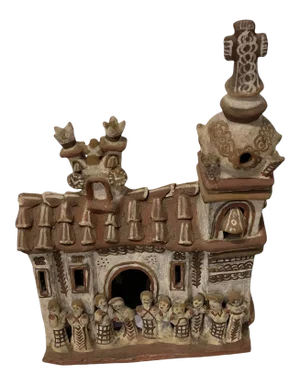 Vintage 1940s Mexican Clay Church Steeple Village With People Sculpture