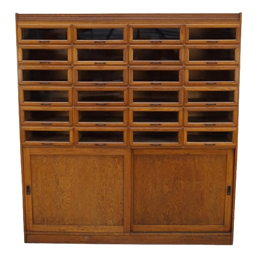 Large English Haberdashery Shop Cabinet with Glass Fronted Drawers, 1920s For Sale