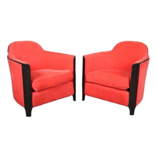 Sleek Ebonized Art Deco Club Chair in Red Upholstery Circa 1930s Era- Pair For Sale