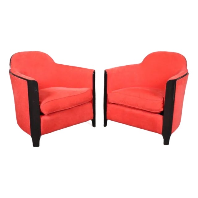 Sleek Ebonized Art Deco Club Chair in Red Upholstery Circa 1930s Era- Pair For Sale