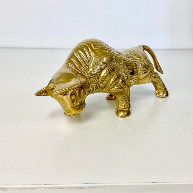 Metal Mid-Century Hollywood Regency Rustic Spanish Heavy Solid Brass Bull Figurine For Sale - Image 7 of 12