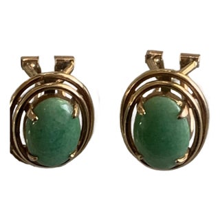 Vintage 14k Gold Oval Jade Cabochon Earrings, A Pair For Sale