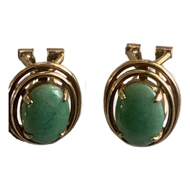 Vintage 14k Gold Oval Jade Cabochon Earrings, A Pair For Sale
