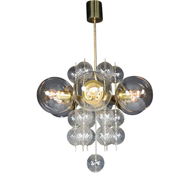 Mid-Century Chandelier with Brass Fixture and Glass Globes attributed to Preciosa, Czechia, 1960s For Sale