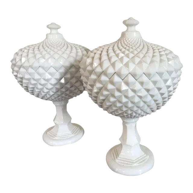 Vintage Milk Glass Covered Centerpiece Bowl with Saw Tooth Design - a Pair For Sale