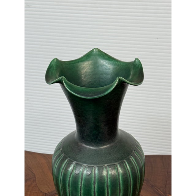 Antique Replica Green Ribbed Pottery Vase For Sale - Image 9 of 12