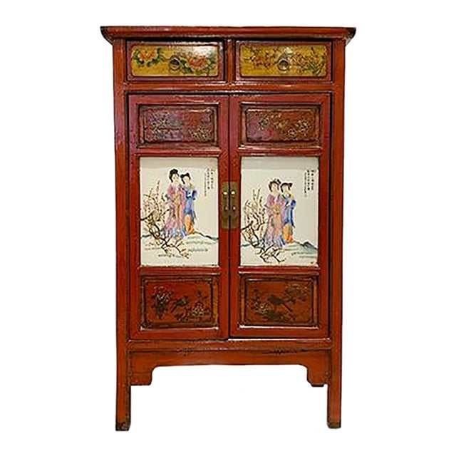 1960s Vintage Hand Painted With Tile Doors Tall Cabinet For Sale