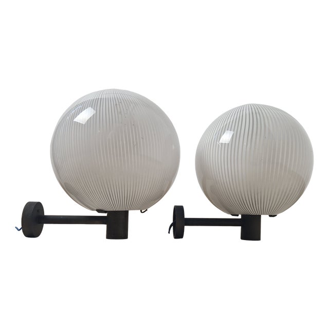 Wall Lamps in White Sphere Fabric Model and Brass Frame by Venini Murano, 1960s, Set of 2 For Sale