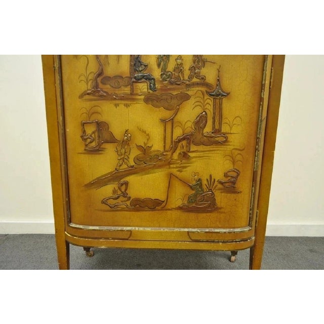Chinoiserie Antique Oriental Chinese Asian Lacquered Figural Painted China Cabinet Curio For Sale - Image 3 of 12