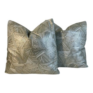 Pierre Frey “Atlantique Argent” Feather/Down Fill Pillows- A Pair 22”/22” For Sale