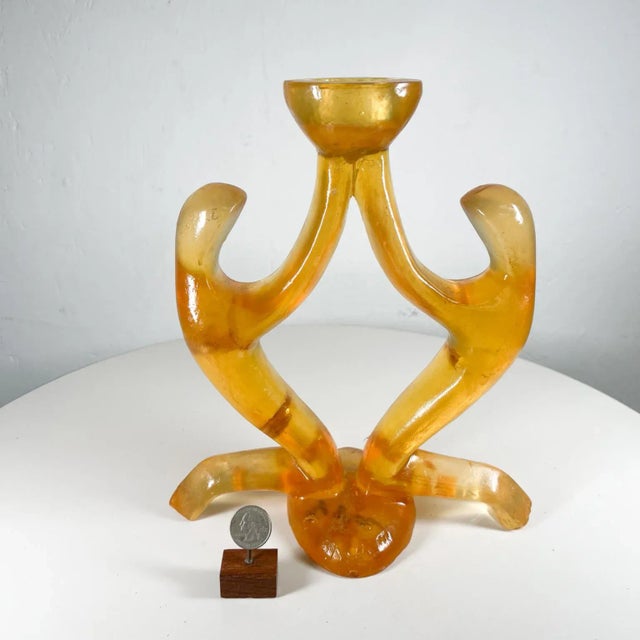 Mid-Century Modern 1970s Sculptural Design Modern Amber Single Candle Holder Signed For Sale - Image 3 of 10