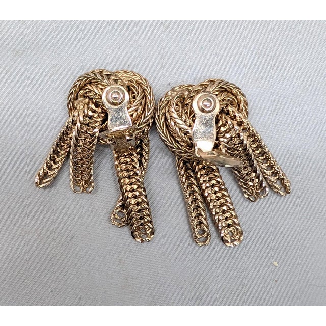 Gold Vintage 1950s Signed Monet Goldtone Knot Fringe Clip Earrings For Sale - Image 8 of 8