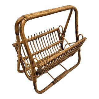 Vintage MCM Rattan Wicker 19" Magazine Rack Stand Franco Albini Style Boho Decor For Sale