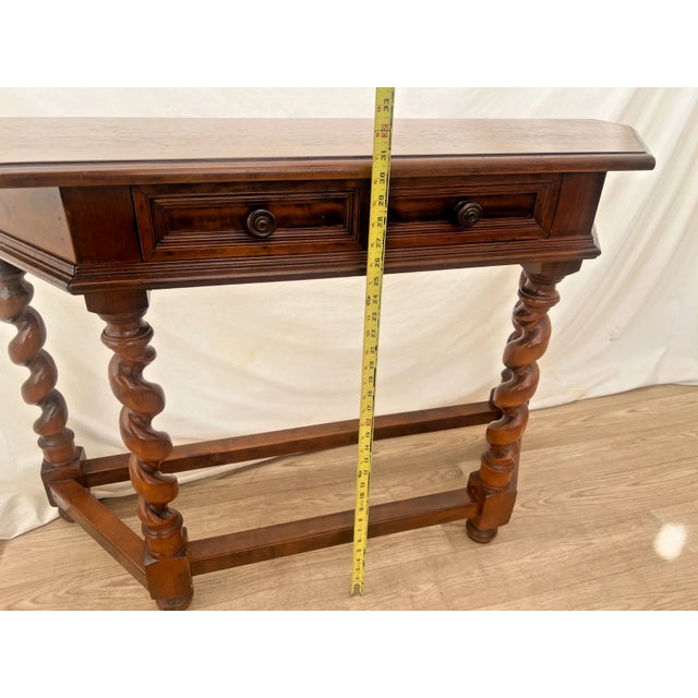 Wood Vintage Sofa Table Console Barley Twist Legs Cherry, Drawer Hand Carved, Italian For Sale - Image 7 of 10