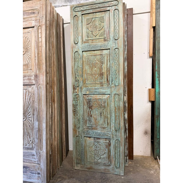 1920s Antique Hand-Carved Blue Floral Pantry Door – Rustic Wooden Barn Door for Bedroom or Pantry Entry 96x29.5 For Sale - Image 5 of 6
