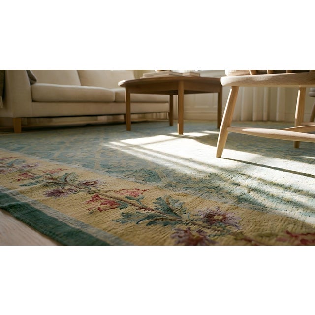 Delictate Border Floral in Empire Style With Green Open Field Antique French Aubusson Rug For Sale - Image 10 of 12
