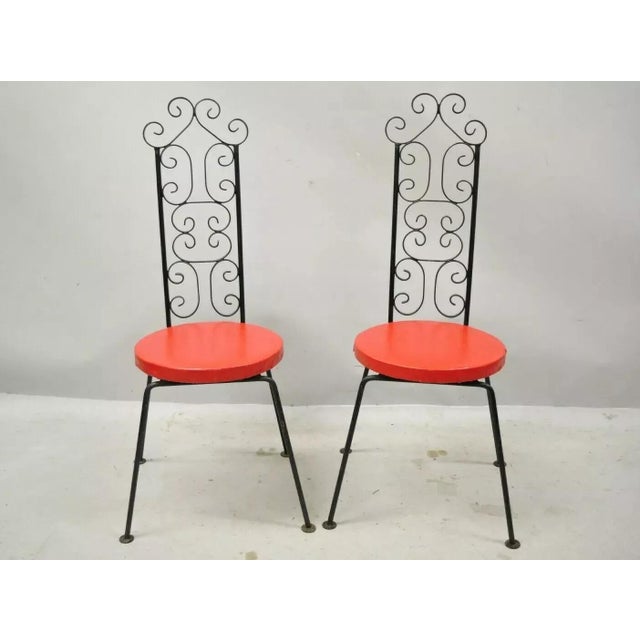 Vintage Salterini Style Scrolling Wrought Iron Side Chairs by Tip Top - a Pair. Item features fancy scrollwork back, round...
