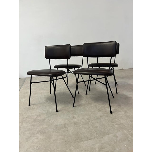 Mid-Century Metal and Brown Skai Chairs, Italy, 1950s, Set of 4 For Sale - Image 6 of 7