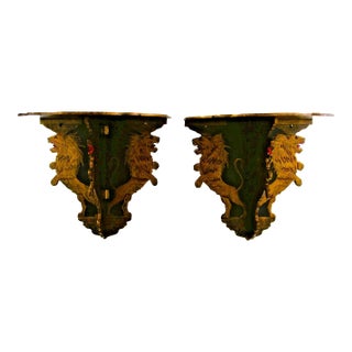 Pair Antique Anglo Sinhalese Black Lacquer Rearing Lions Wall Shelves Brackets 1880 For Sale