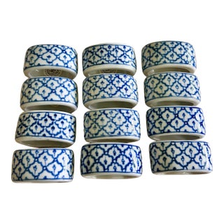 Vintage Williams Sonoma Blue & White Porcelain Napkin Rings - Set of 12 For Sale