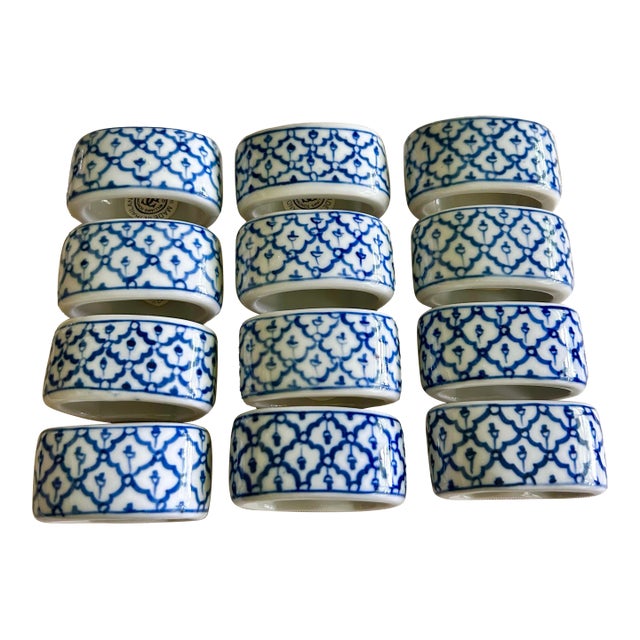 Vintage Williams Sonoma Blue & White Porcelain Napkin Rings - Set of 12 For Sale