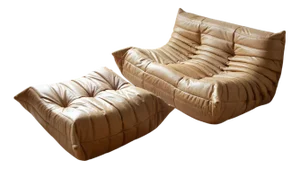Set of Camel Brown Leather Togo Pouf and 2-Seater Sofa by Michel Ducaroy for Ligne Roset