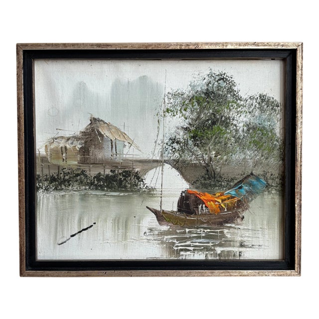 Mid-20th Century Asian Impressionist Junk Boat Oil-on-Canvas -- Framed For Sale