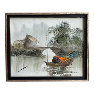 Mid-20th Century Asian Impressionist Junk Boat Oil-on-Canvas -- Framed