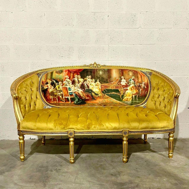 Victorian French Tufted Mustard Sofa – Victorian Scene Upholstery, Gold Leaf For Sale - Image 3 of 8