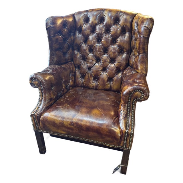Vintage Chesterfield Style Leather Wingback Chair For Sale