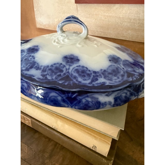 Antique English Flow Blue Covered Tureen | Staffordshire Serving Dish | Attributed Adams & Son | Victorian Transferware For Sale - Image 9 of 12