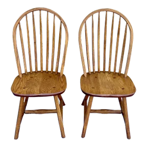 Vintage Hunt Country Furniture American Traditional Rustic Solid Oak Continuous Bow Dining Side Chairs - a Pair