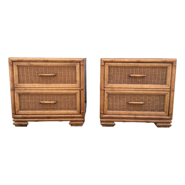 Vintage Coastal Faux Bamboo and Wicker Nightstands - A Pair For Sale