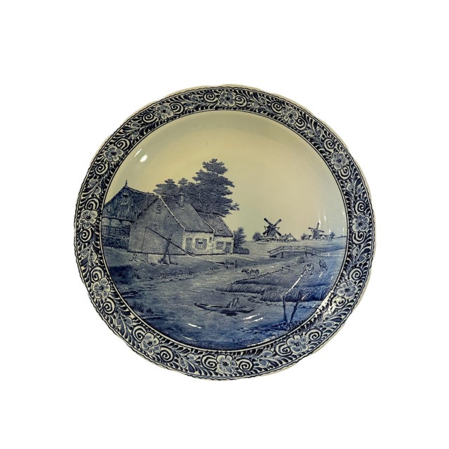 Ceramic Vintage Large Delft Boch Blue and White Plate With Cottage and Windmill Scene For Sale - Image 7 of 7