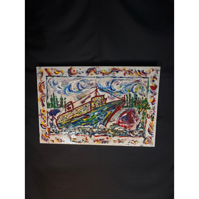Vibrant mixed media boat artwork with bold colors, raised texture, expressive brushwork, and hand-painted decorative...