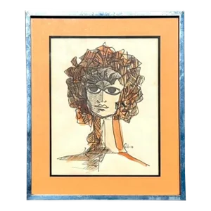 Vintage Abstract Mixed Media Portrait on Paper Drawing Signed Toledo